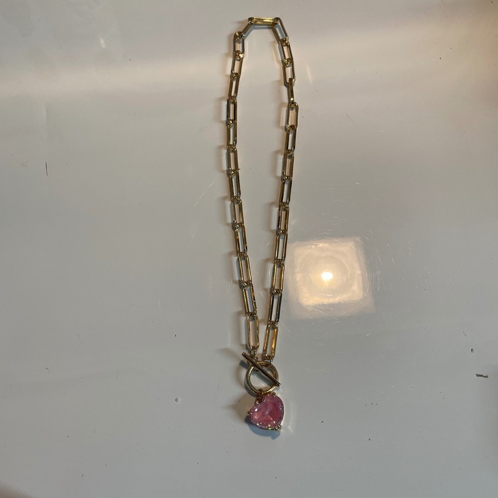 Gold Chain Necklace with Pink Heart Pendant Toggle Clasp 18 Inch